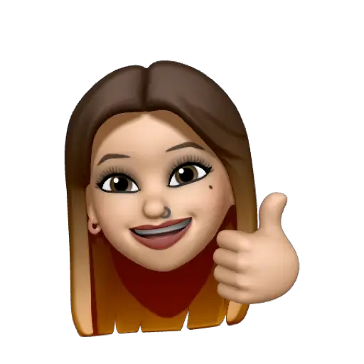 Un avatar femenino de dibujos animados con pelo castaño largo y un aro en la nariz sonríe y hace un gesto de pulgar hacia arriba.