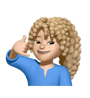 Un avatar de dibujos animados en 3D con pelo rubio rizado y camisa azul hace un gesto con la mano de "llámame" y sonríe.