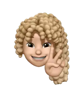 Emoji de dibujos animados en 3D de una cara sonriente con el pelo rubio rizado, que levanta una mano mostrando un signo de la paz.