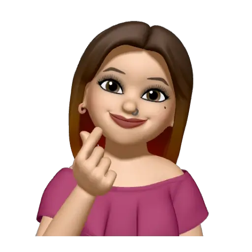 Un avatar digital de dibujos animados de una mujer sonriente con el pelo castaño que lleva un top rosa, levanta la mano y hace un gesto de corazón con el dedo.